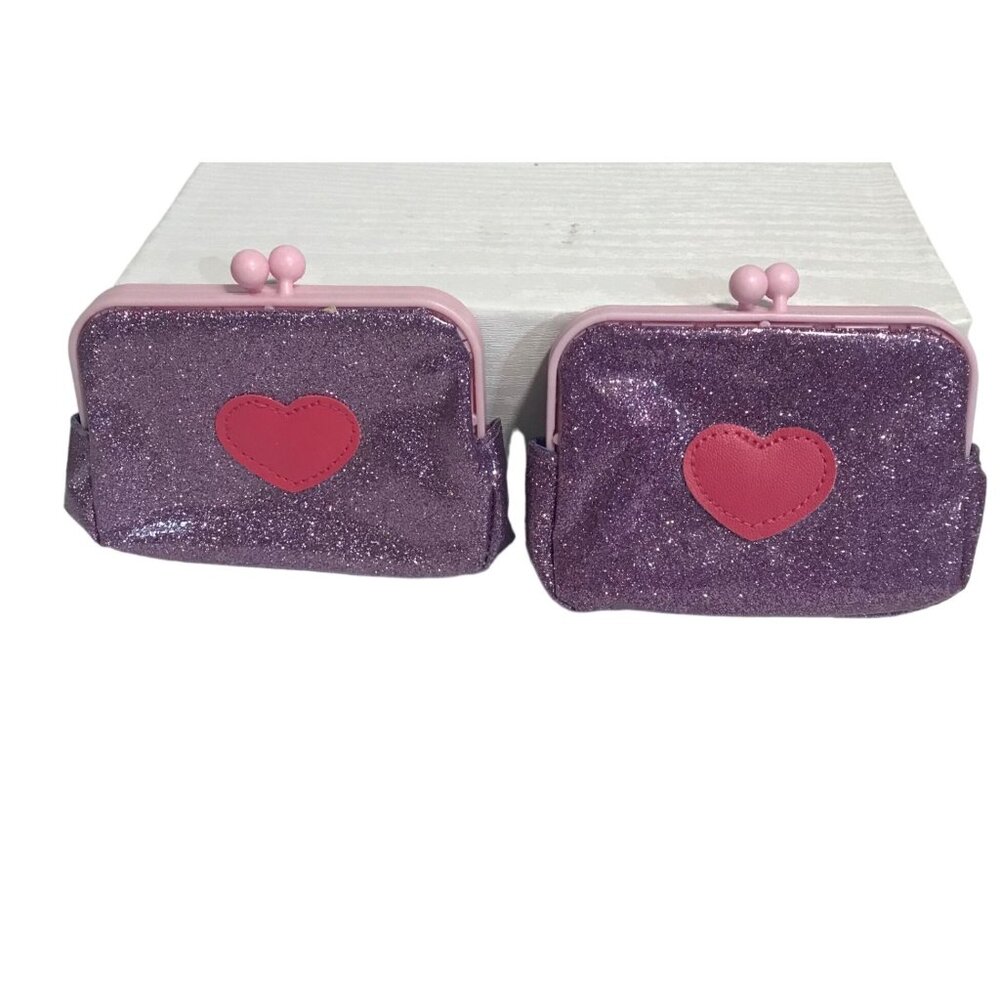 Purple Glitter Coin Purse With Pink Heart Cute Sparkly Change Holder 5" x 3.75"